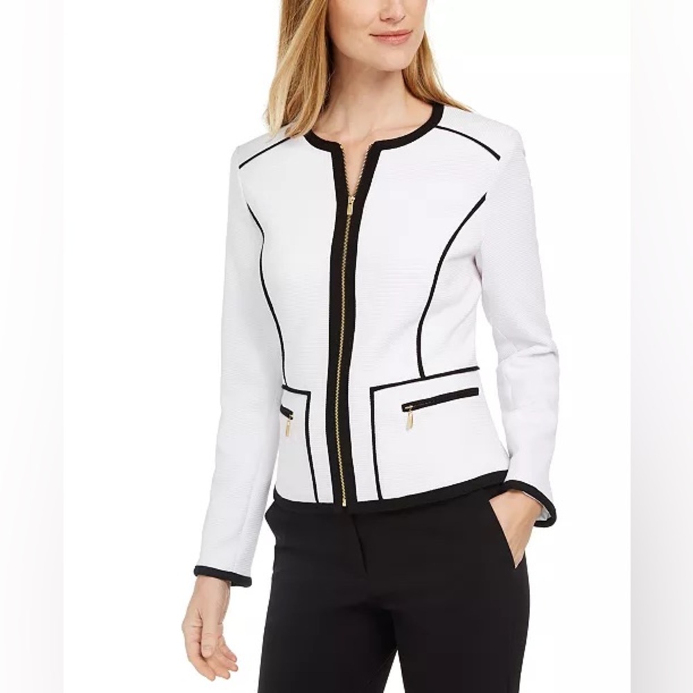 Calvin Klein White and Black Pique Zip Front Blazer Jacket